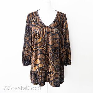Lily Velour Tunic Top XL Black Gold Long Sleeve Abstract Boho Holiday Office